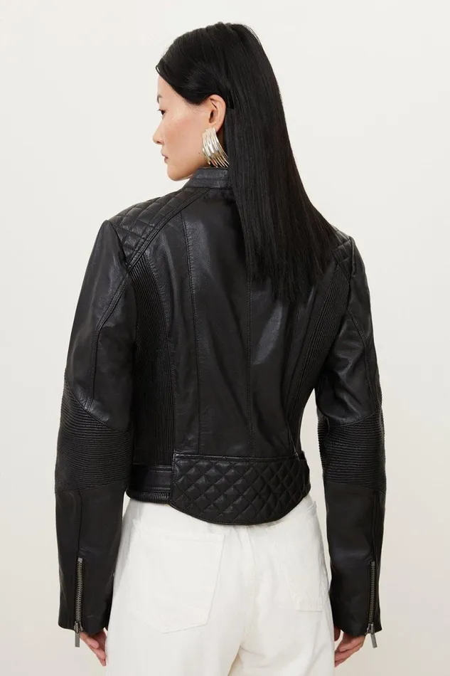 Leather Washed Biker Jacket Black Women Karen Millen Coats and Jackets