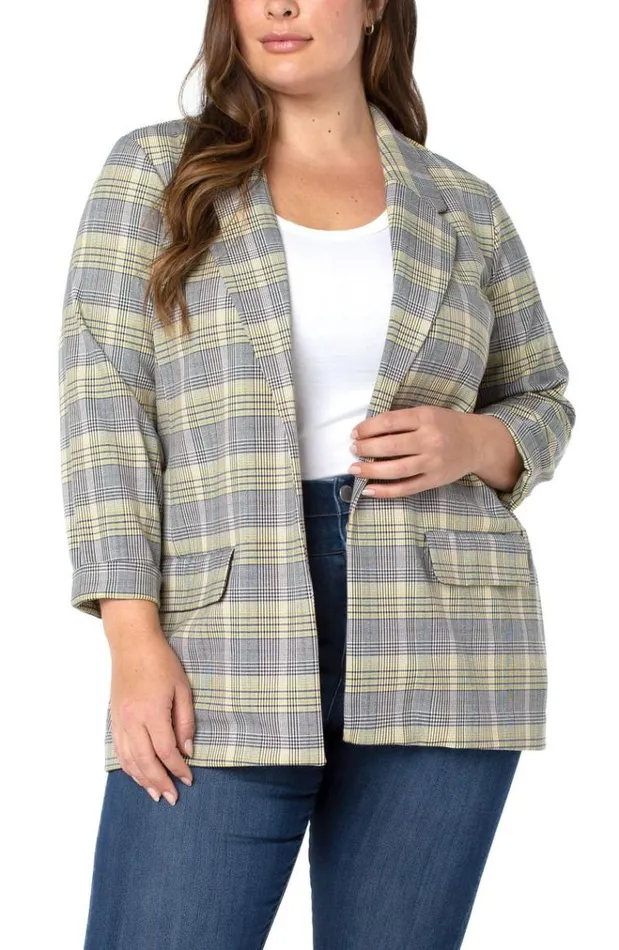 Lifestyle Women Liverpool Los Angeles Boyfriend Blazer With Princess Dart Pattern Knit Yellow Black White Glen Plaid