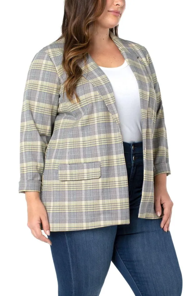 Lifestyle Women Liverpool Los Angeles Boyfriend Blazer With Princess Dart Pattern Knit Yellow Black White Glen Plaid