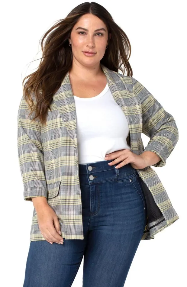 Lifestyle Women Liverpool Los Angeles Boyfriend Blazer With Princess Dart Pattern Knit Yellow Black White Glen Plaid