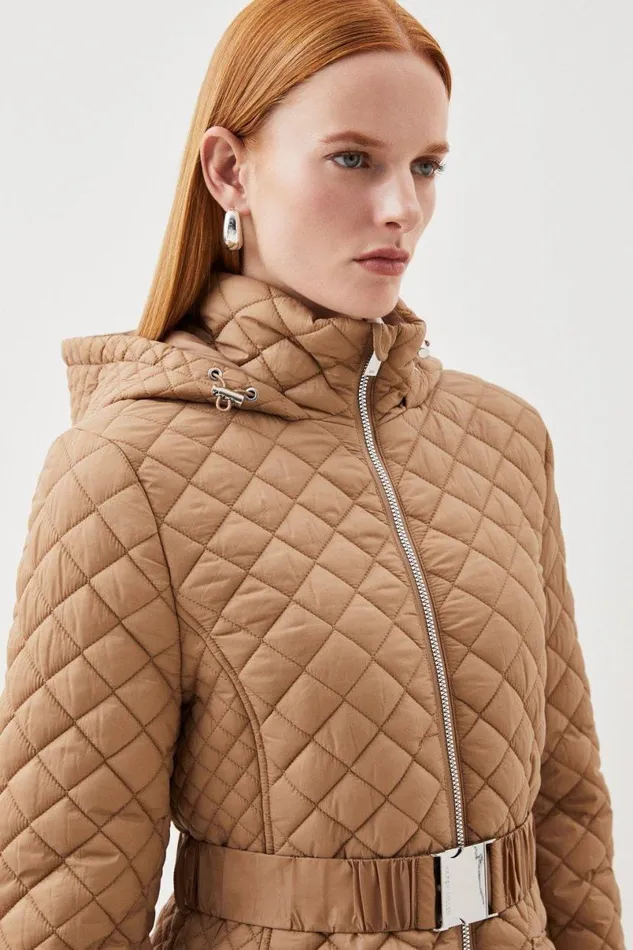 Lightweight Diamond Quilt Belted Hooded Longline Coat Neutral Women Karen Millen Coats and Jackets