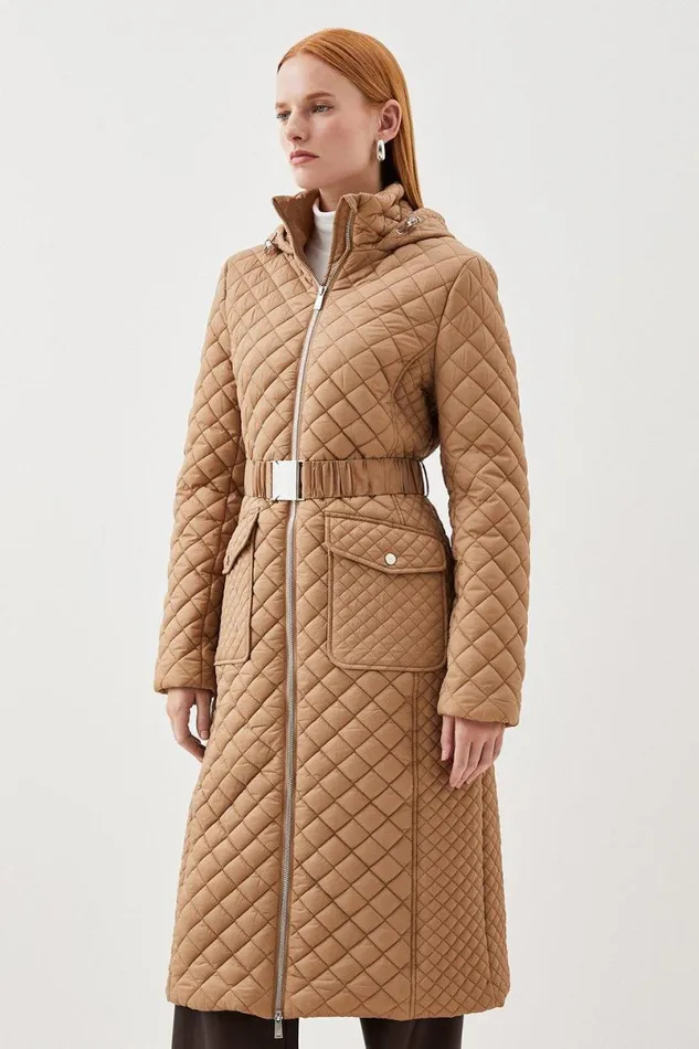 Lightweight Diamond Quilt Belted Hooded Longline Coat Neutral Women Karen Millen Coats and Jackets