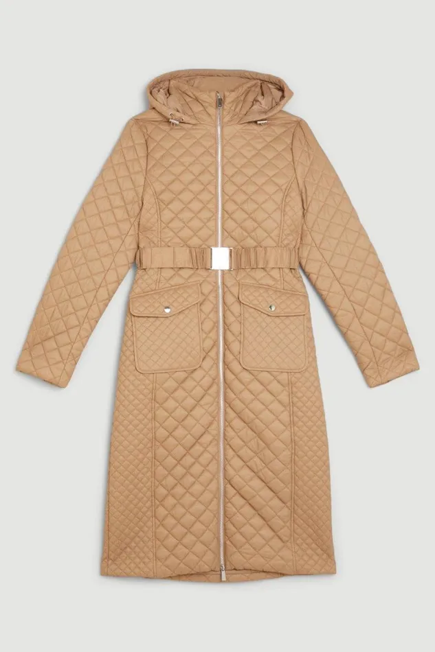 Lightweight Diamond Quilt Belted Hooded Longline Coat Neutral Women Karen Millen Coats and Jackets