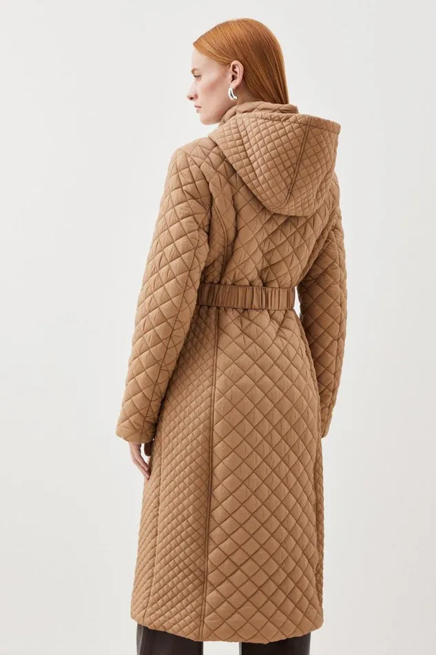 Lightweight Diamond Quilt Belted Hooded Longline Coat Neutral Women Karen Millen Coats and Jackets