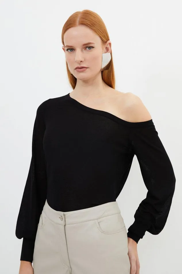 Lightweight Viscose Blend Summer Knit Off Shoulder Top Black Women Karen Millen Tops