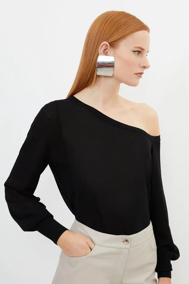 Lightweight Viscose Blend Summer Knit Off Shoulder Top Black Women Karen Millen Tops