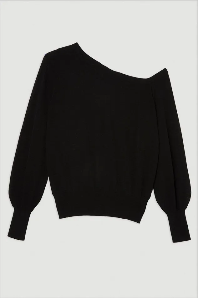 Lightweight Viscose Blend Summer Knit Off Shoulder Top Black Women Karen Millen Tops