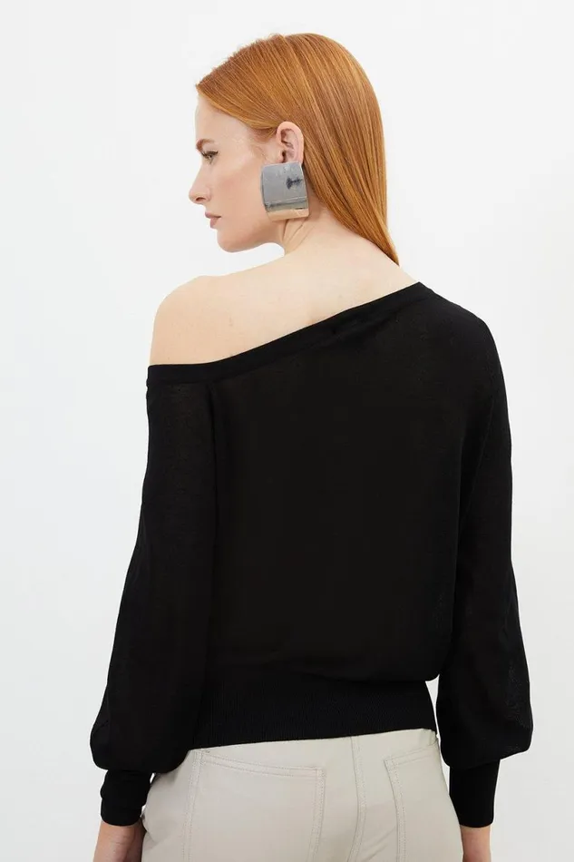 Lightweight Viscose Blend Summer Knit Off Shoulder Top Black Women Karen Millen Tops