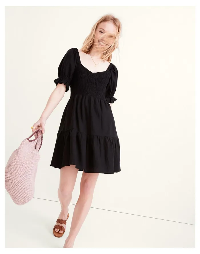 Linen Blend Lucie Smocked Mini Dress True Black Women Madewell Dresses