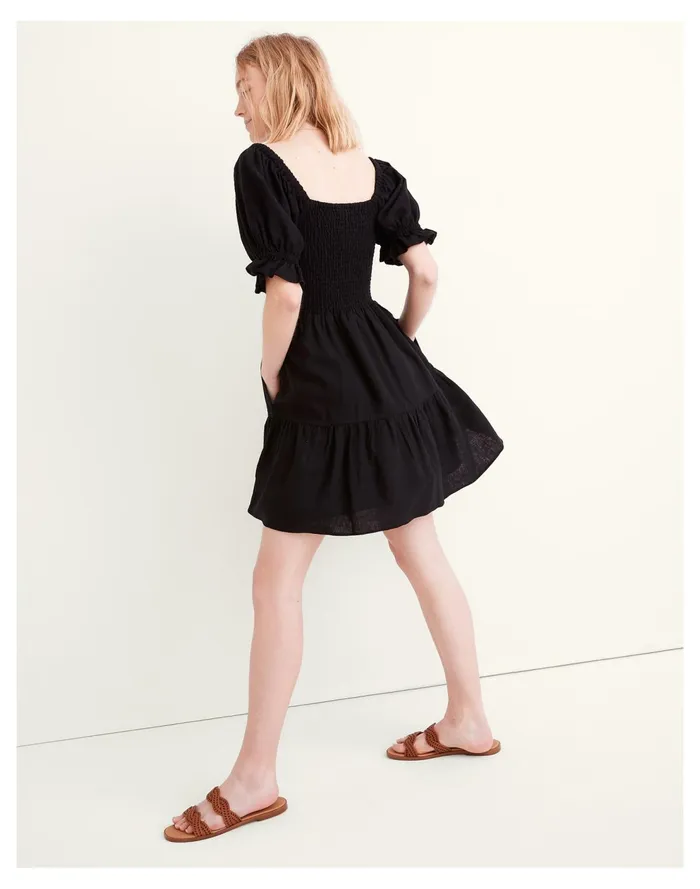 Linen Blend Lucie Smocked Mini Dress True Black Women Madewell Dresses Linen Blend Lucie Smocked Mini Dress True Black Women Madewell Dresses