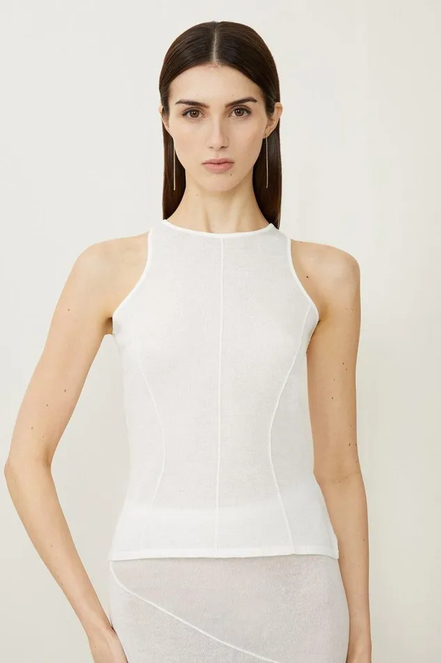 Linen Blend Racer Knit Top White Women Karen Millen Tops