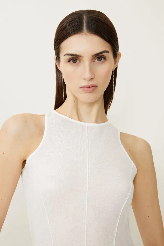 Linen Blend Racer Knit Top White Women Karen Millen Tops
