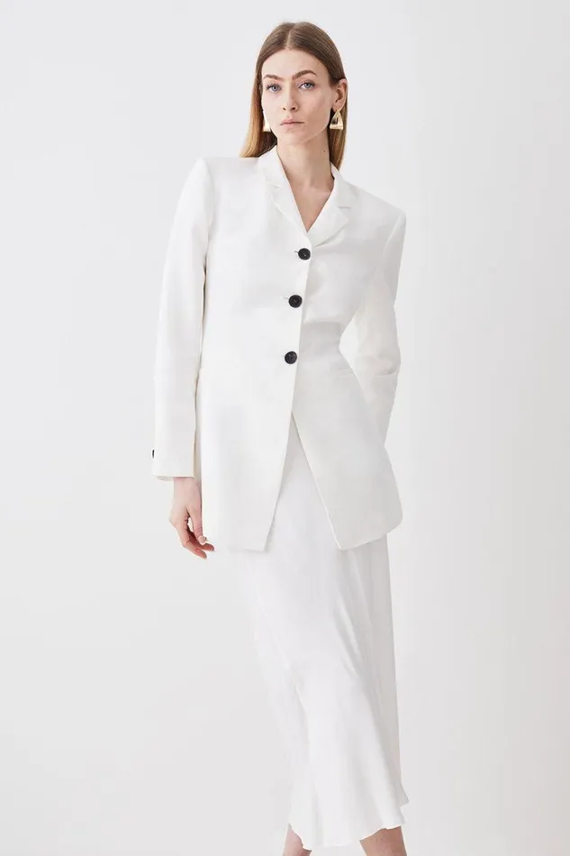Linen High Break Tailored Blazer Ivory Women Karen Millen Coats and Jackets
