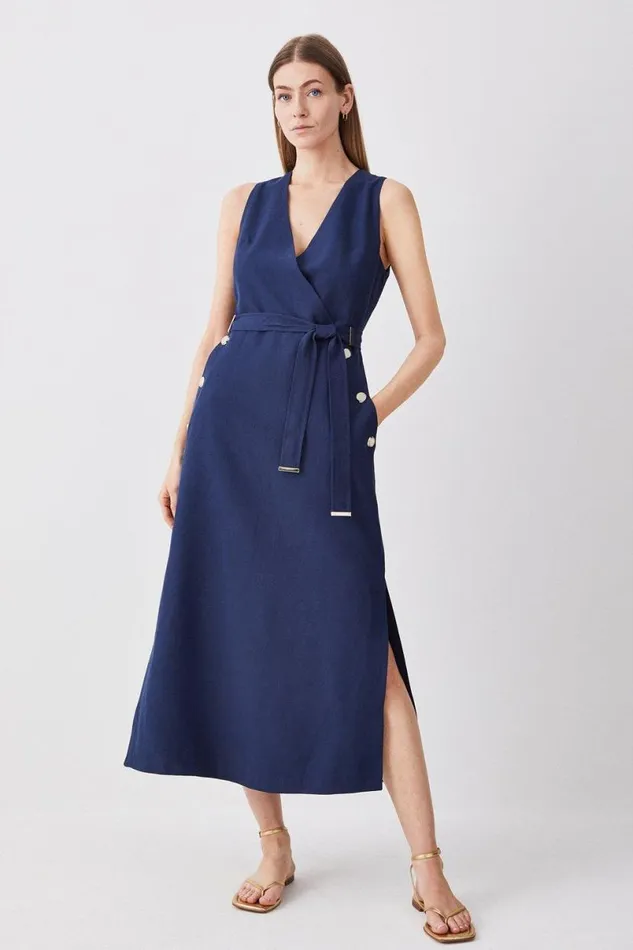 Linen Nautical Button Detail Belted Midi Dress Navy Women Karen Millen Dresses