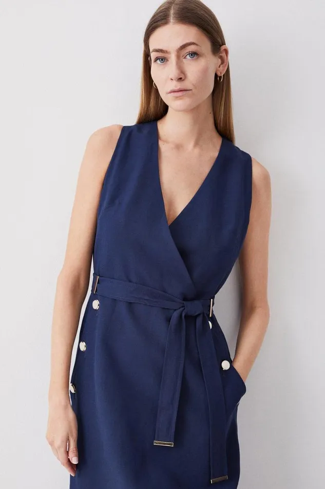 Linen Nautical Button Detail Belted Midi Dress Navy Women Karen Millen Dresses