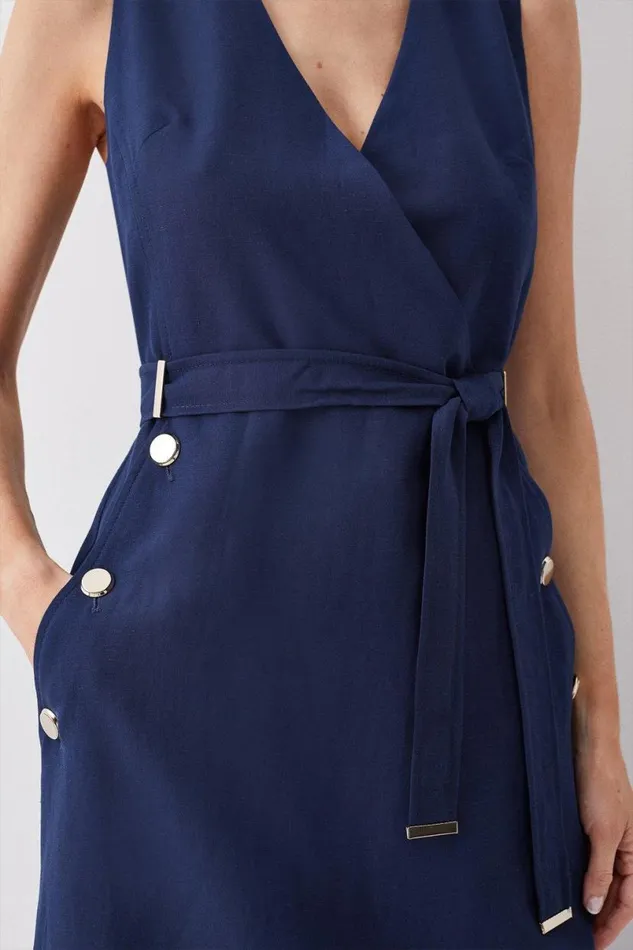 Linen Nautical Button Detail Belted Midi Dress Navy Women Karen Millen Dresses