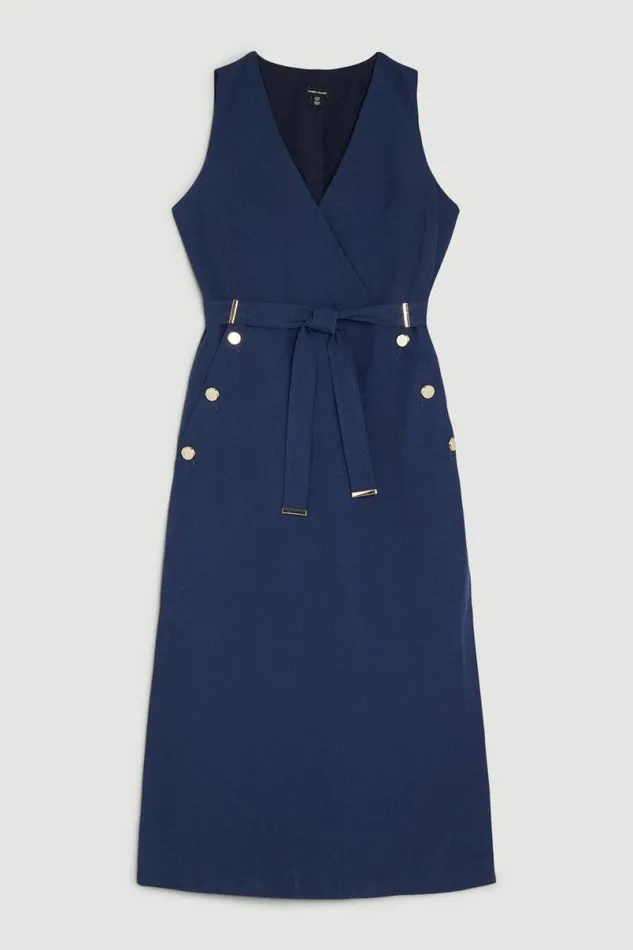 Linen Nautical Button Detail Belted Midi Dress Navy Women Karen Millen Dresses