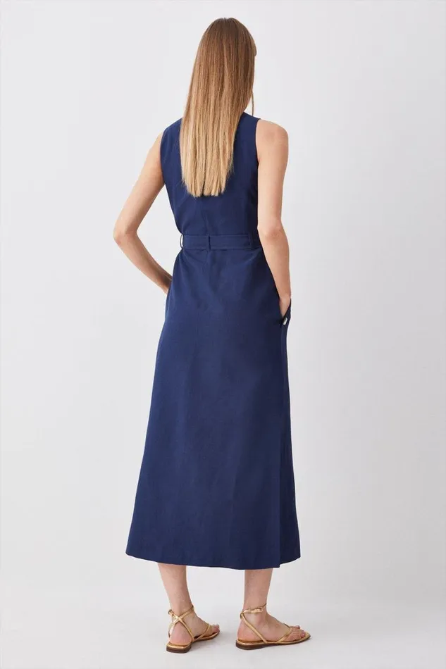 Linen Nautical Button Detail Belted Midi Dress Navy Women Karen Millen Dresses