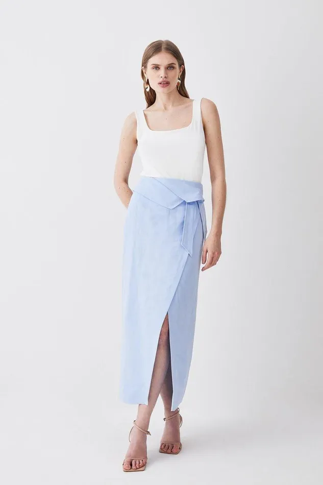 Linen Wrap Belted Midi Skirt Pale Blue Women Karen Millen Skirts