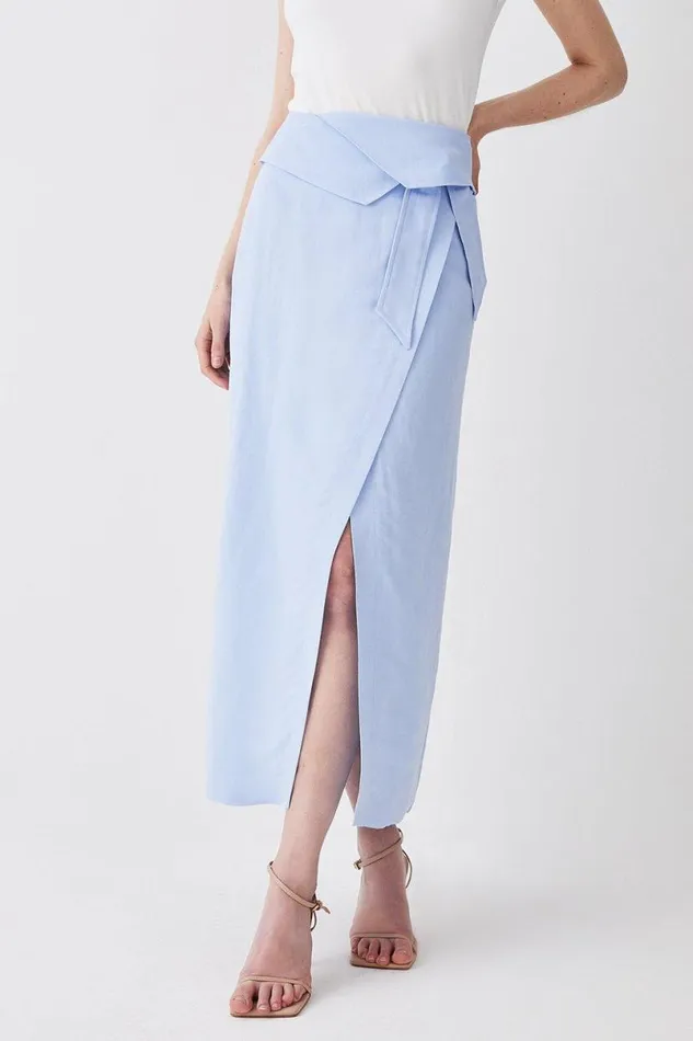 Linen Wrap Belted Midi Skirt Pale Blue Women Karen Millen Skirts