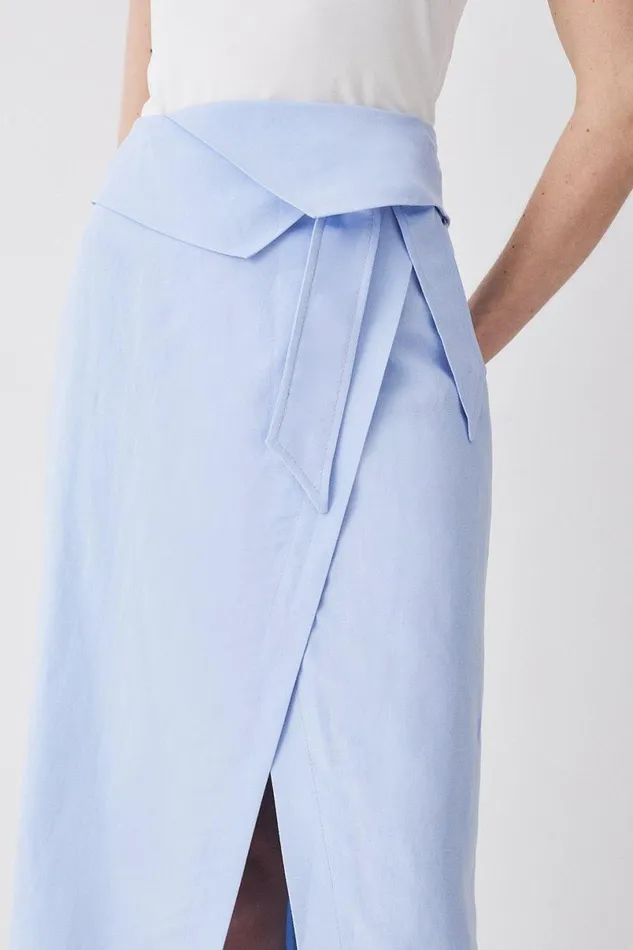 Linen Wrap Belted Midi Skirt Pale Blue Women Karen Millen Skirts