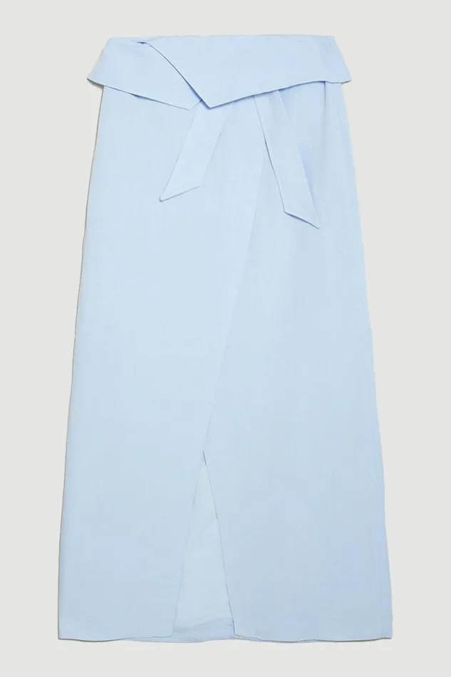 Linen Wrap Belted Midi Skirt Pale Blue Women Karen Millen Skirts