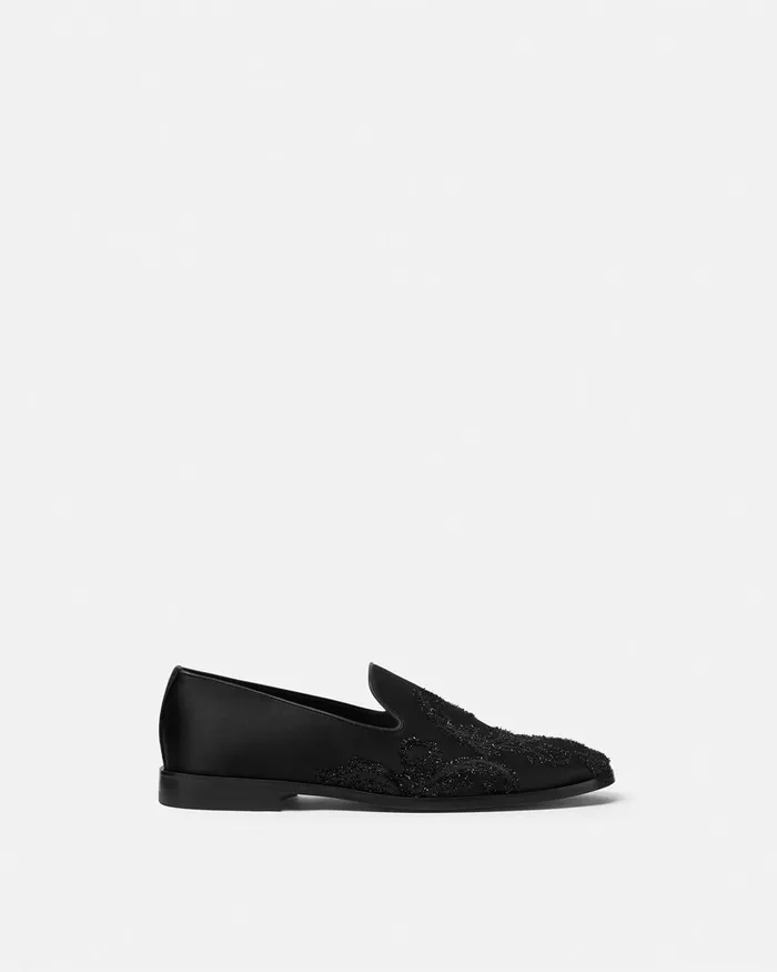 Loafers and Slippers Men Versace Embroidered Barocco Medusa Slippers Blackgold