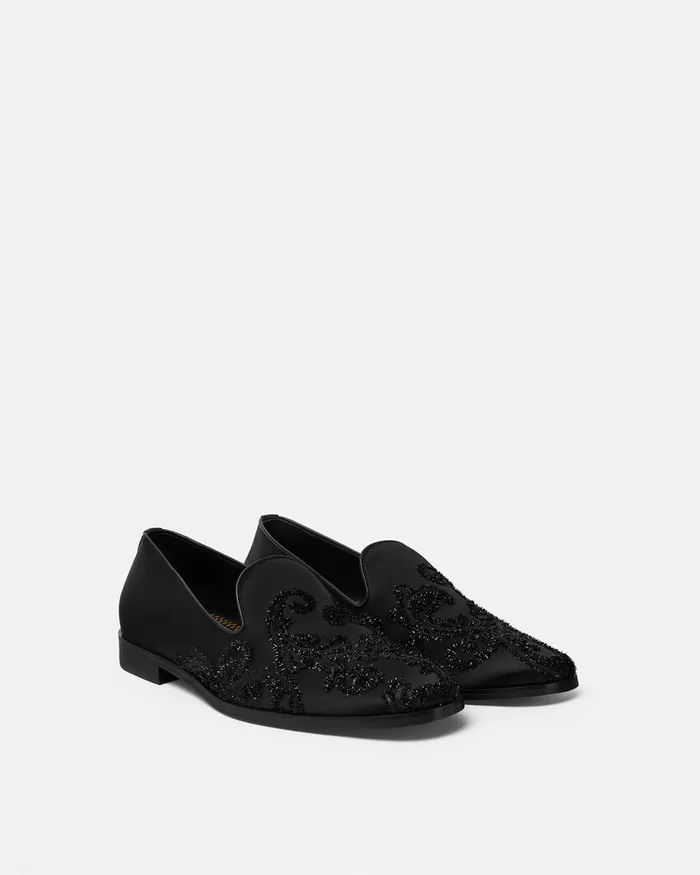 Loafers and Slippers Men Versace Embroidered Barocco Medusa Slippers Blackgold