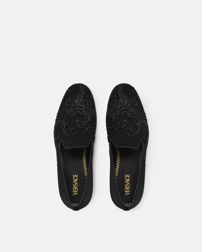 Loafers and Slippers Men Versace Embroidered Barocco Medusa Slippers Blackgold