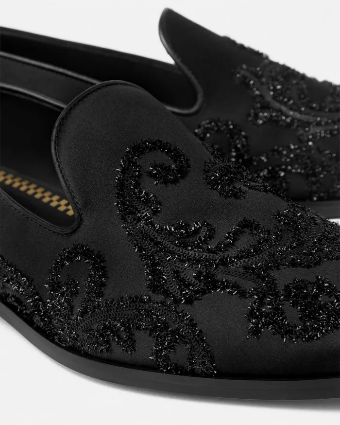 Loafers and Slippers Men Versace Embroidered Barocco Medusa Slippers Blackgold