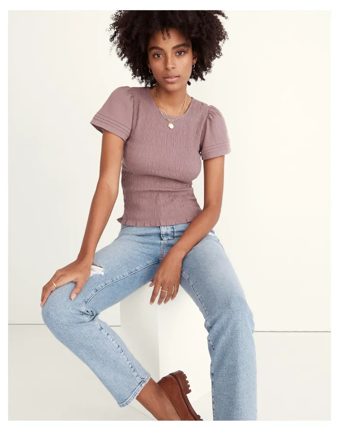 Lucie Flutter Sleeve Smocked Bodice Top Fig Women Madewell Tops and Shirts