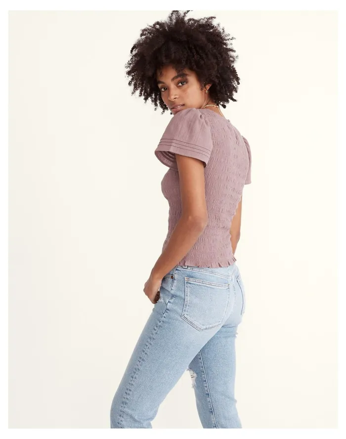 Lucie Flutter Sleeve Smocked Bodice Top Fig Women Madewell Tops and Shirts Lucie Flutter Sleeve Smocked Bodice Top Fig Women Madewell Tops and Shirts