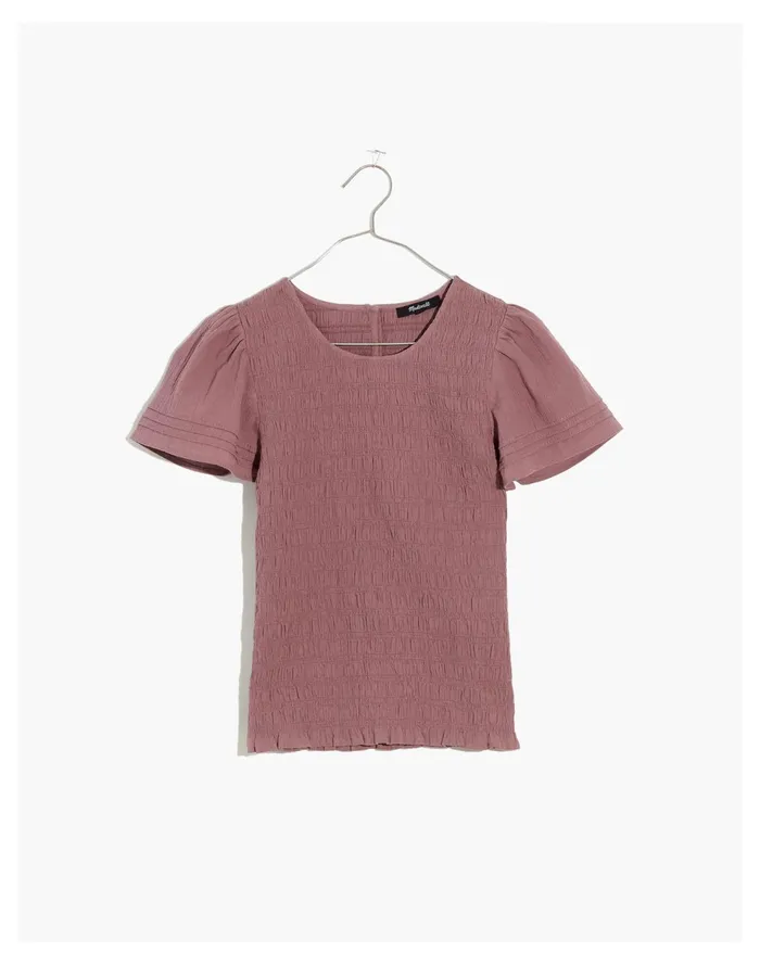 Lucie Flutter Sleeve Smocked Bodice Top Fig Women Madewell Tops and Shirts Lucie Flutter Sleeve Smocked Bodice Top Fig Women Madewell Tops and Shirts