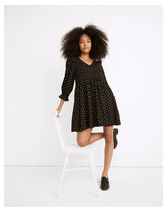 Lucie V Neck Smocked Mini Dress In Oval Dot True Black Women Madewell Dresses