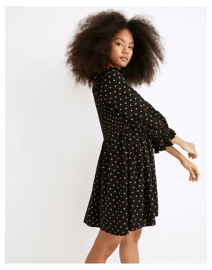 Lucie V Neck Smocked Mini Dress In Oval Dot True Black Women Madewell Dresses