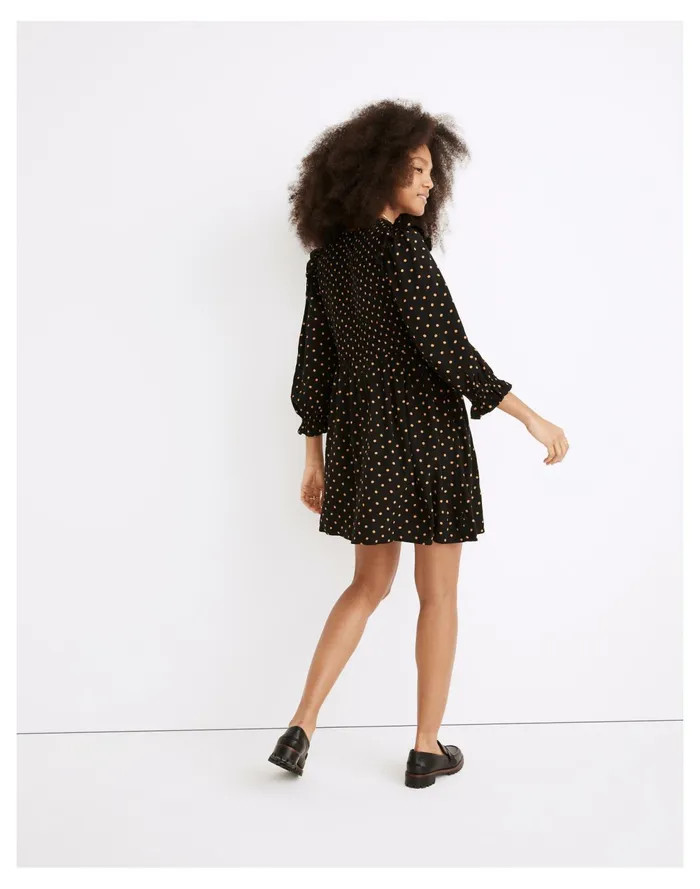 Lucie V Neck Smocked Mini Dress In Oval Dot True Black Women Madewell Dresses