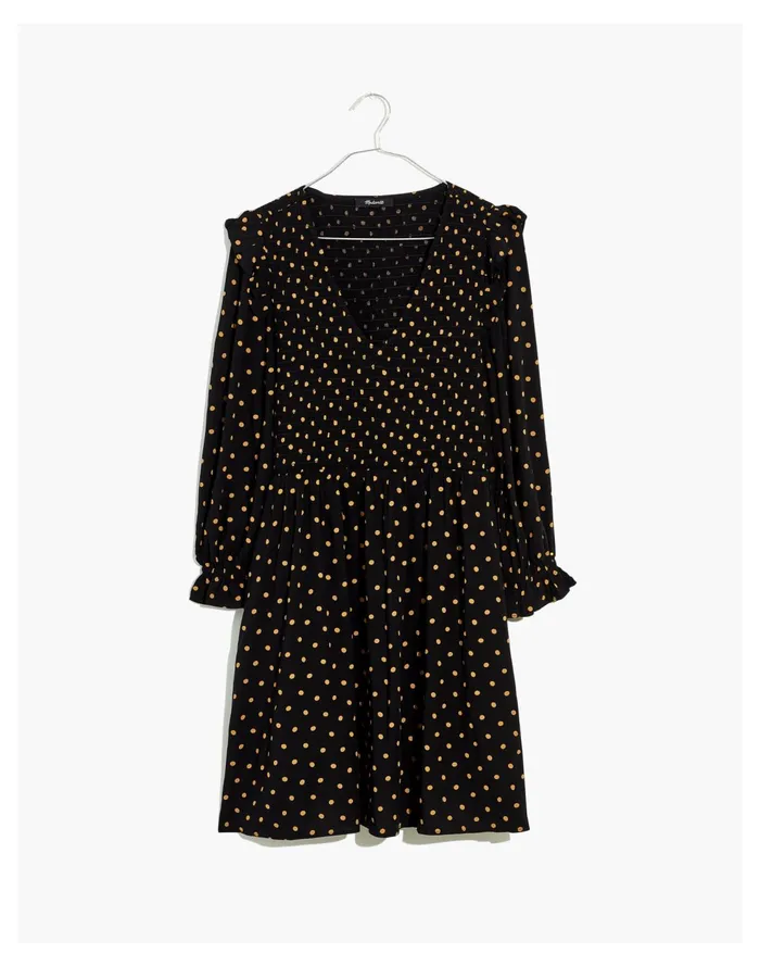 Lucie V Neck Smocked Mini Dress In Oval Dot True Black Women Madewell Dresses
