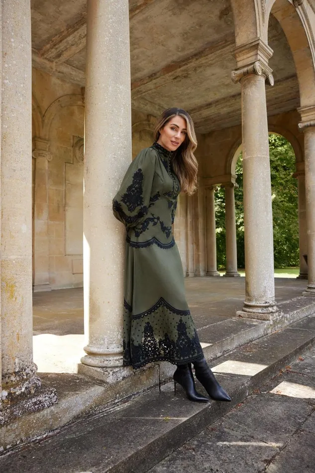 Lydia Millen Cotton Cutwork Embroidered Woven Maxi Dress Khaki Women Karen Millen Dresses