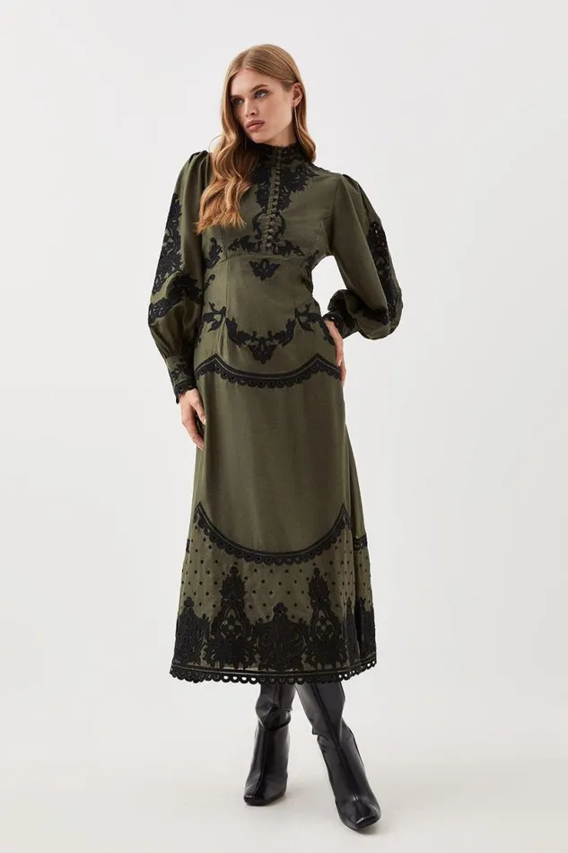 Lydia Millen Cotton Cutwork Embroidered Woven Maxi Dress Khaki Women Karen Millen Dresses
