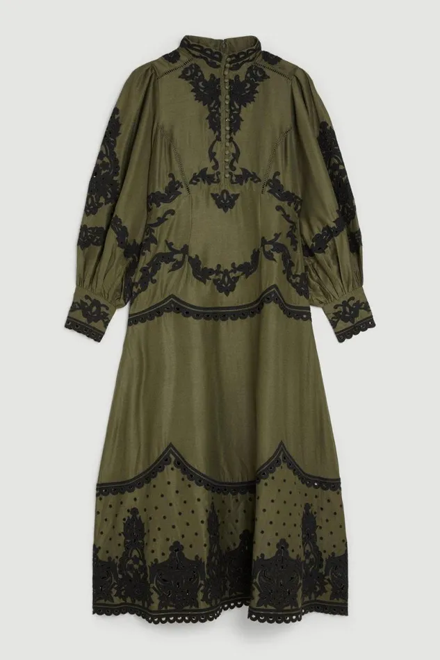 Lydia Millen Cotton Cutwork Embroidered Woven Maxi Dress Khaki Women Karen Millen Dresses