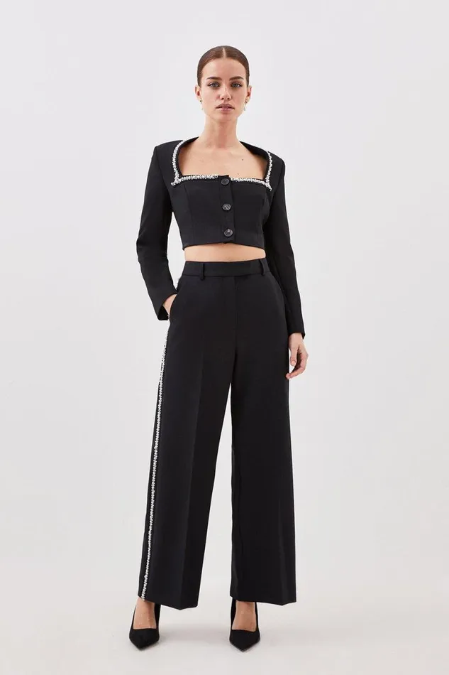 Lydia Millen Petite Compact Stretch Embellished Jacket and Trouser Set Black Women Karen Millen CoOrds Lydia Millen Petite Compact Stretch Embellished Jacket and Trouser Set Black Women Karen Millen CoOrds