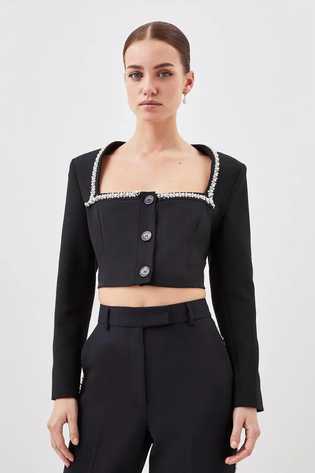 Lydia Millen Petite Compact Stretch Embellished Jacket and Trouser Set Black Women Karen Millen CoOrds