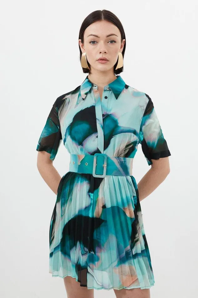 Marble Georgette Pleated Mini Shirt Dress Green Women Karen Millen Dresses