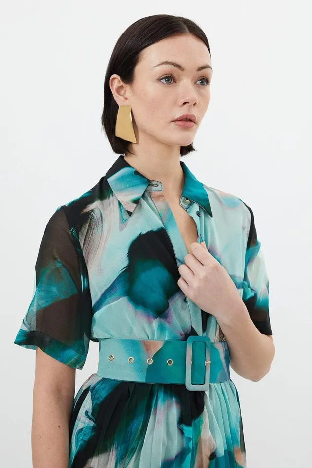 Marble Georgette Pleated Mini Shirt Dress Green Women Karen Millen Dresses