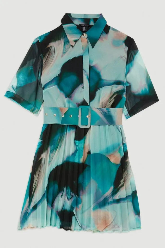Marble Georgette Pleated Mini Shirt Dress Green Women Karen Millen Dresses