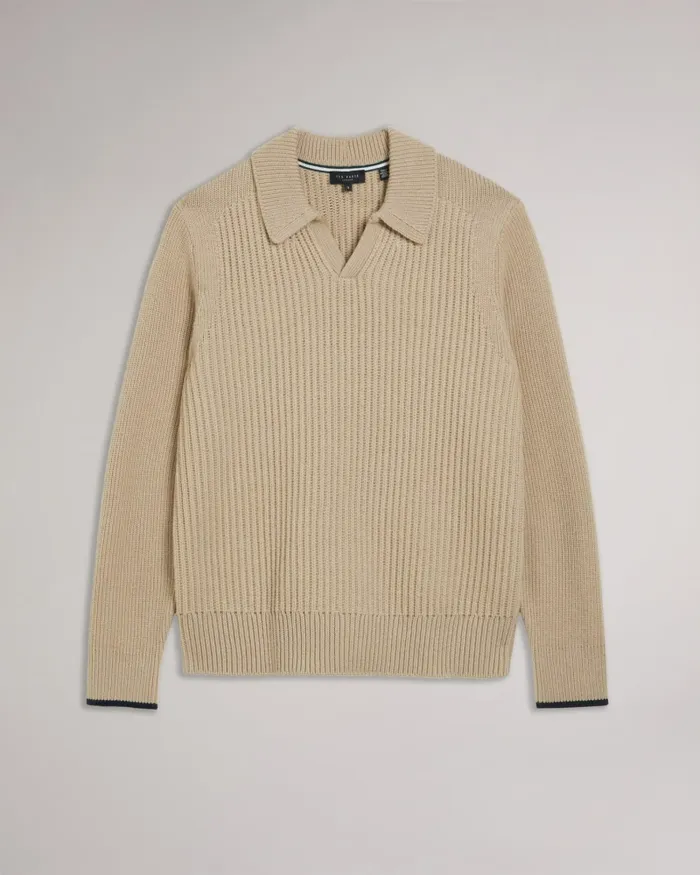 Men ADEMY 8211 Ribbed Knit Polo Neck Jumper Taupe Ted Baker Jumpers and Knitwear