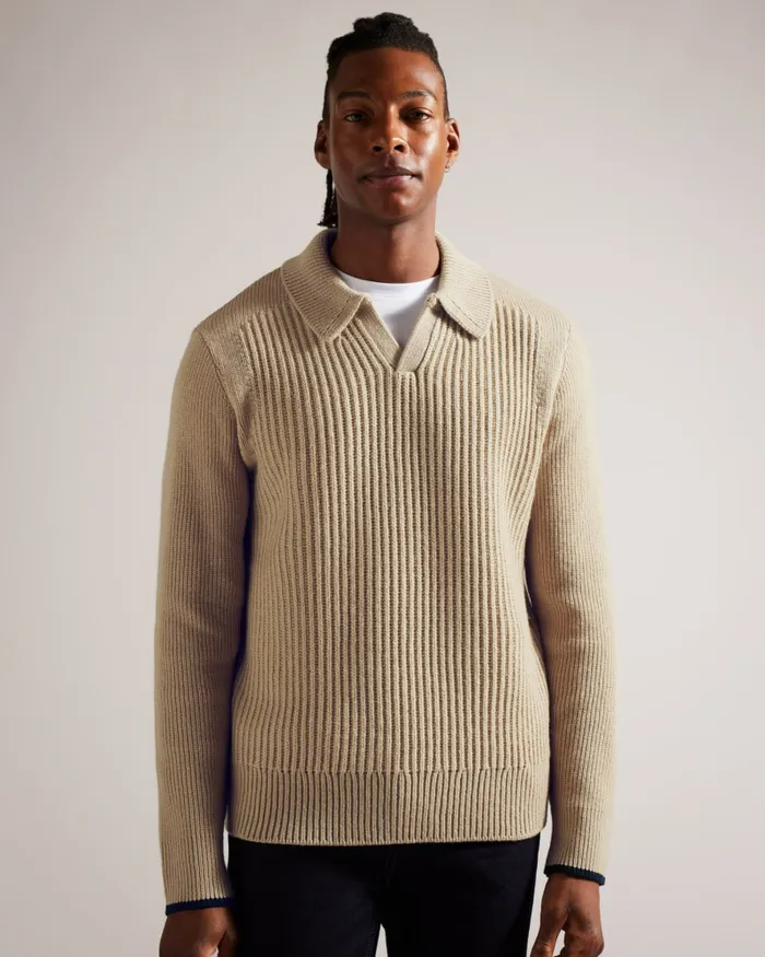 Men ADEMY 8211 Ribbed Knit Polo Neck Jumper Taupe Ted Baker Jumpers and Knitwear