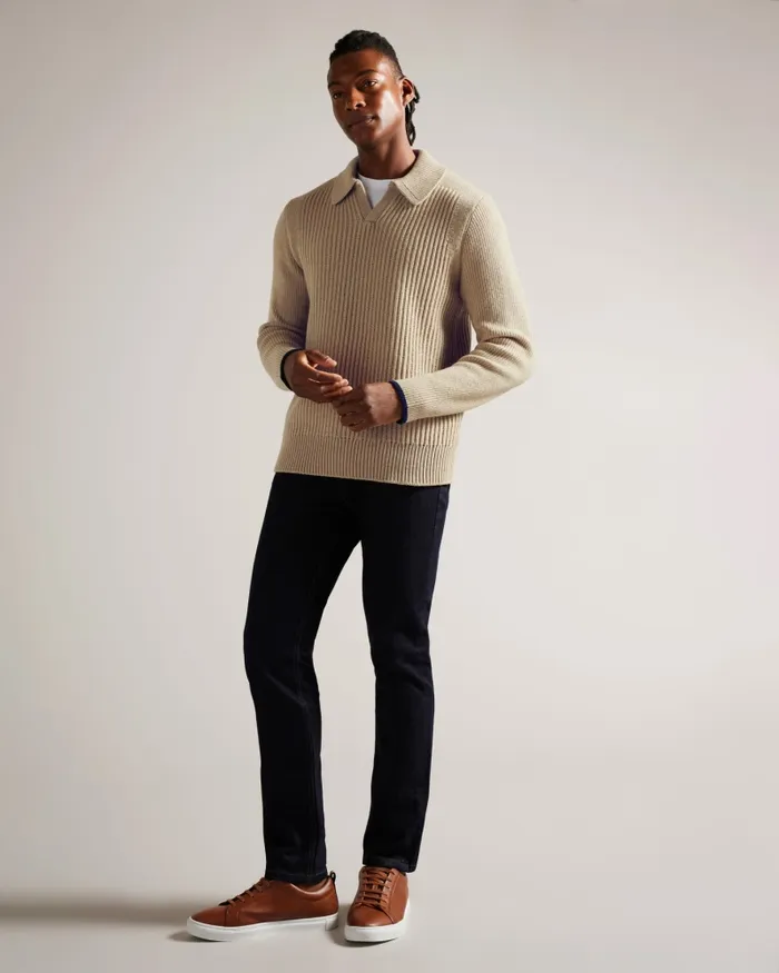 Men ADEMY 8211 Ribbed Knit Polo Neck Jumper Taupe Ted Baker Jumpers and Knitwear