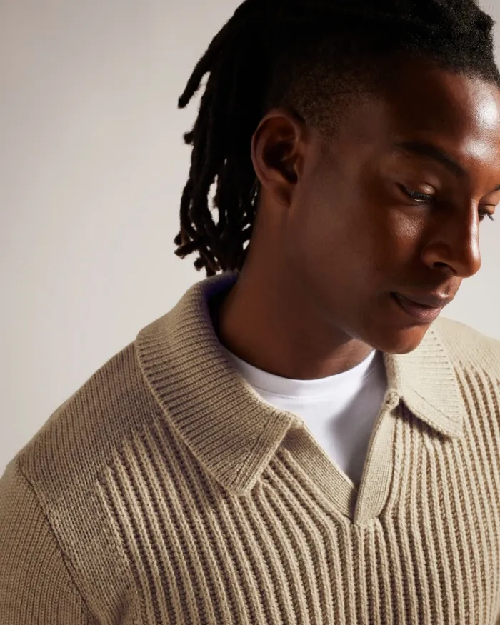 Men ADEMY 8211 Ribbed Knit Polo Neck Jumper Taupe Ted Baker Jumpers and Knitwear