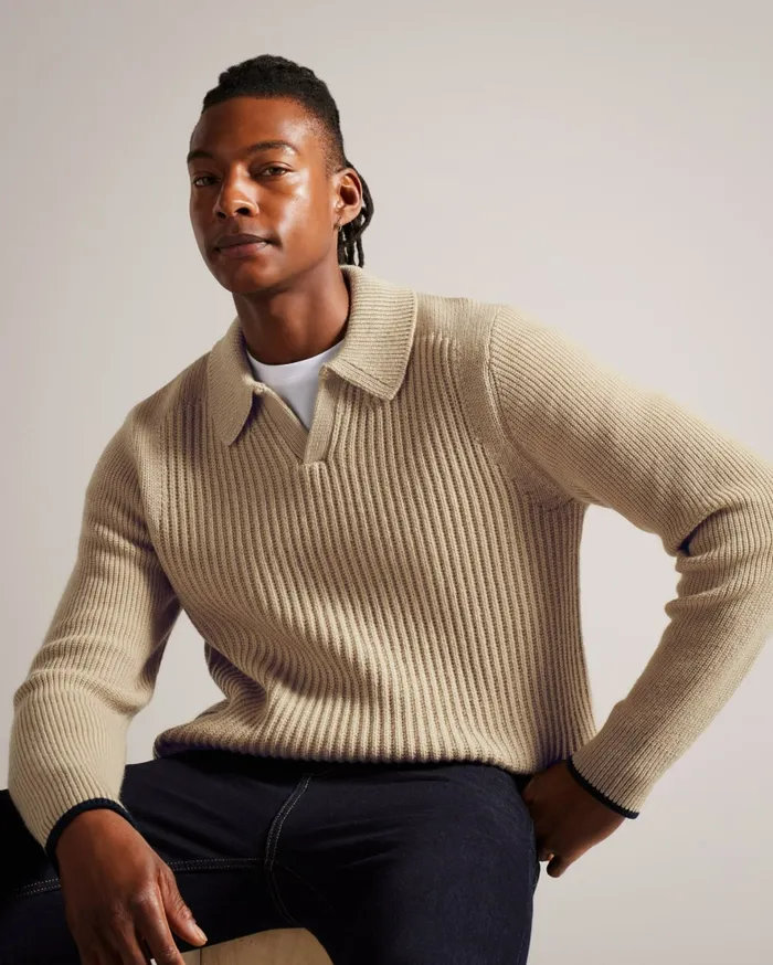 Men ADEMY 8211 Ribbed Knit Polo Neck Jumper Taupe Ted Baker Jumpers and Knitwear